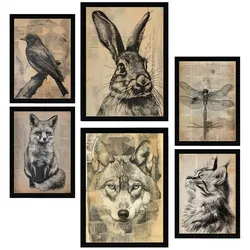 POSTER Set Mit 6 Vintage Tiere Vogel Hase Libelle Fuchs Wolf Katze A3 & A4 Schwarzer Rahmen