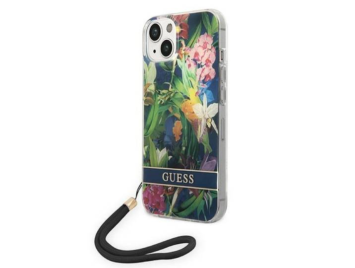 Coque Rigide Bleue À Fleurs Guess Guohcp14shflsb Pour Iphone 14/15/13 (6\,1 Pouces) Avec Dragonne.