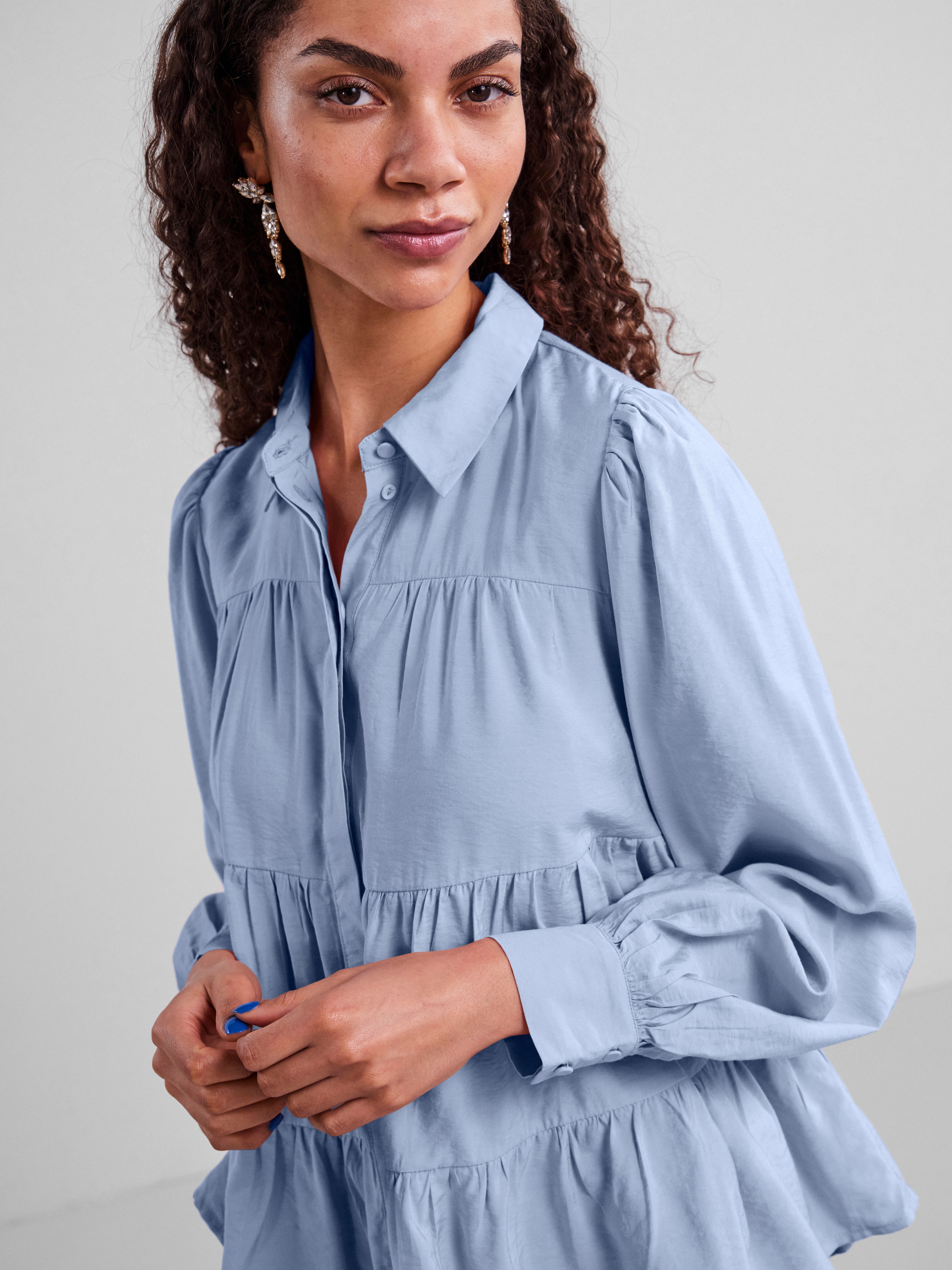Langarmbluse Y.A.S "YASPALA LS SHIRT S. NOOS", Damen, Gr. XL, blau (kentucky blau), Web, Obermaterial: 87% Viskose, 13% Nylon, unifarben, regular fit normal, Blusen Langarmbluse kentucky blau XL