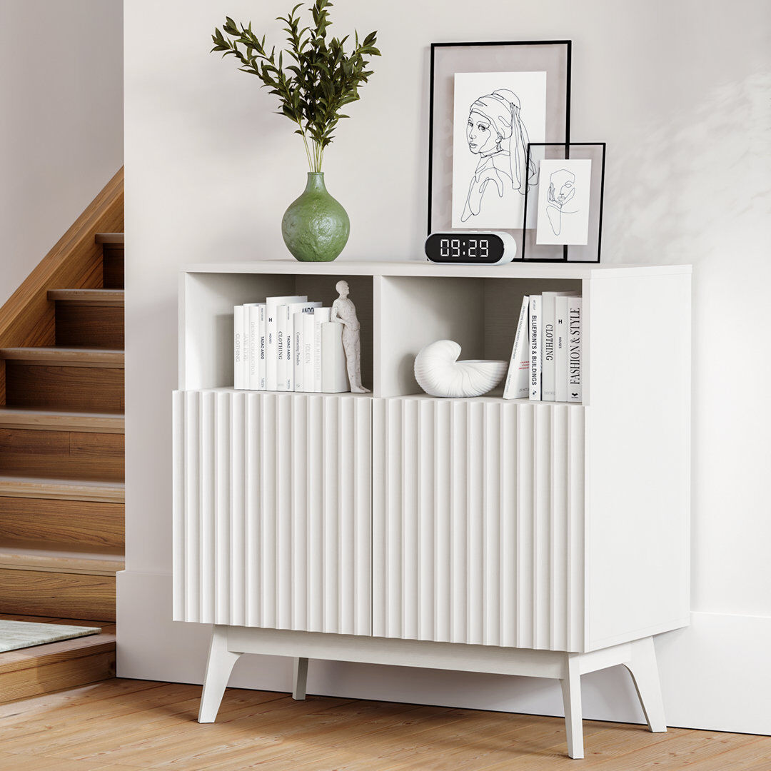 George Oliver 80cm Compact Small Sideboard, Ribbed Door Storage Cabinet White 80cm H X 80cm W X 38cm D