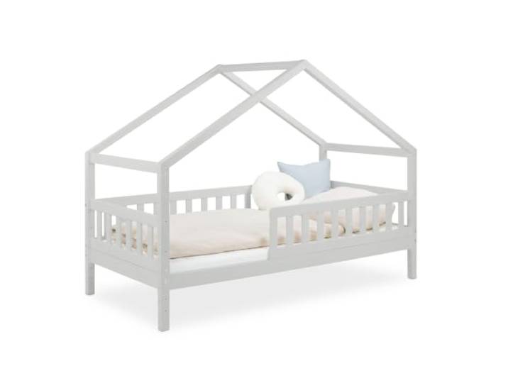 Ehrenkind® Panorama Hausbett Lille 90x200 cm aus Kiefer Massivholz FSC®-Zertifiziert 2-in-1 Kinderbett mit Dachgiebel & optionalem Stauraum Hellgrau