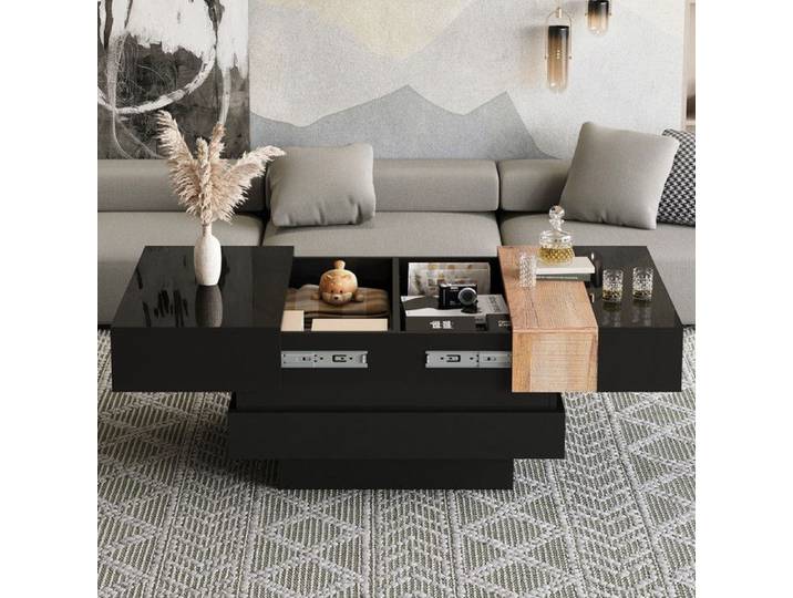 Table basse carrée -table basse extensible avec espace rangement caché design color block table d'appoint brillante pour salon noire