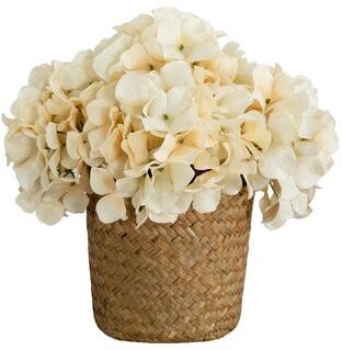 Nearly Natural 11-in Artificial Cream Hydrangea Arrangement in Woven Basket