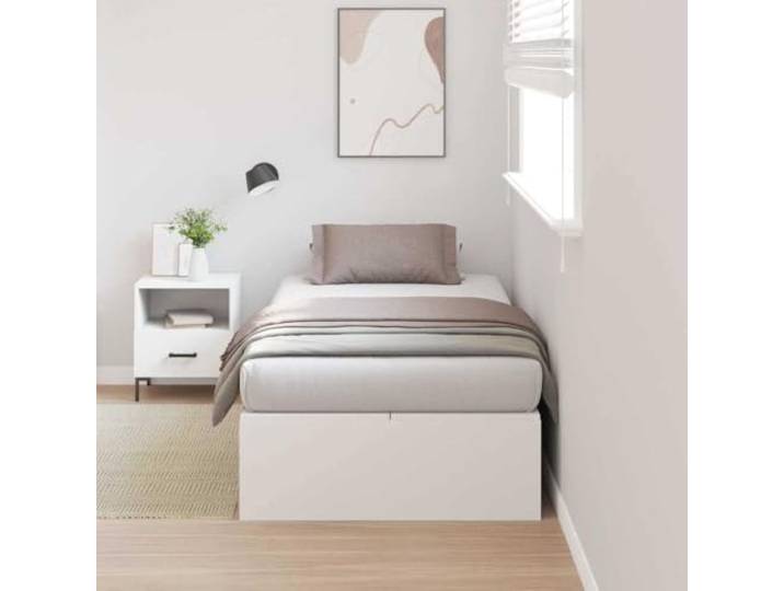 RJPLMFV Bettgestell, Aufbewahrung, Weiß, 100 x 200 cm Massives Kiefernholz, Scharniertüren, Ledergriffe, modernes Design, für kleine Räume