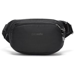 Pacsafe Bauchtasche Vibe 100, aus recyceltem PET, schwarz, wasserabweisend, 4 Liter, RFID Schutz, Breite 27cm, 2 Fächer