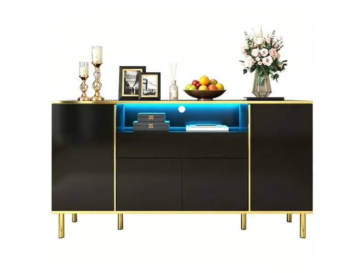Buffet Salle a Manger avec 4 Portes et 1 Tiroirs avec éclairage LED Buffet Cuisine Meuble Armoire pour Cuisine Salon 150x40x80 Noir