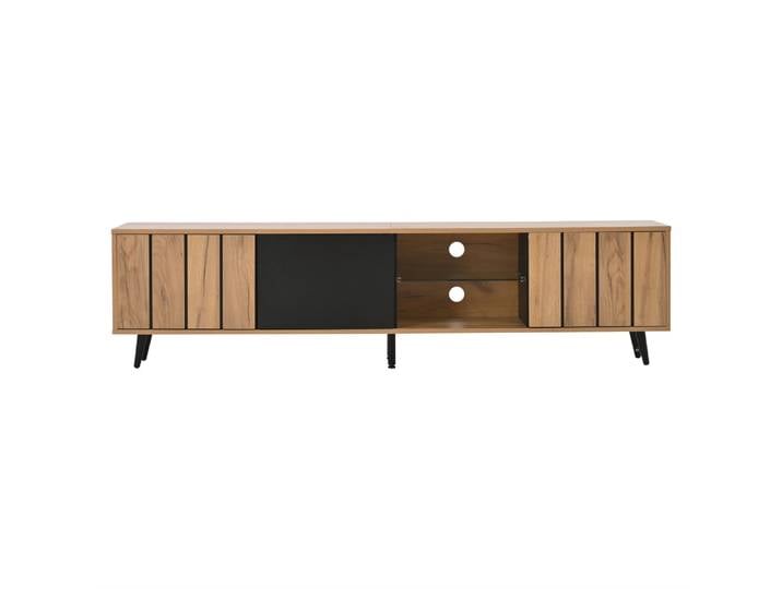 Meuble TV effet bois et noir étagère en verre trempé