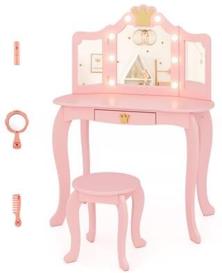 Costway Kids Vanity Set with Tri-fold Lighted Mirror Detachable Top and Stool-Pink