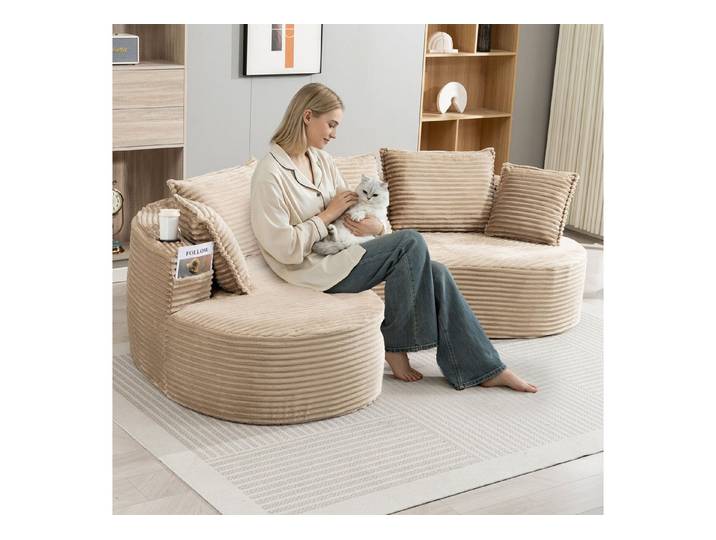 KLAM HOME Sofa Cord Bogesofa 3-Sitzer mit Becherhalter & Stautasche, Modernes Bogensofa aus Cord, Hochdichtschaum & Federn inkl. Kissen, 3-Sitzer Sofa mit Bogendesign, atmungsaktiv & vakuumverpackt