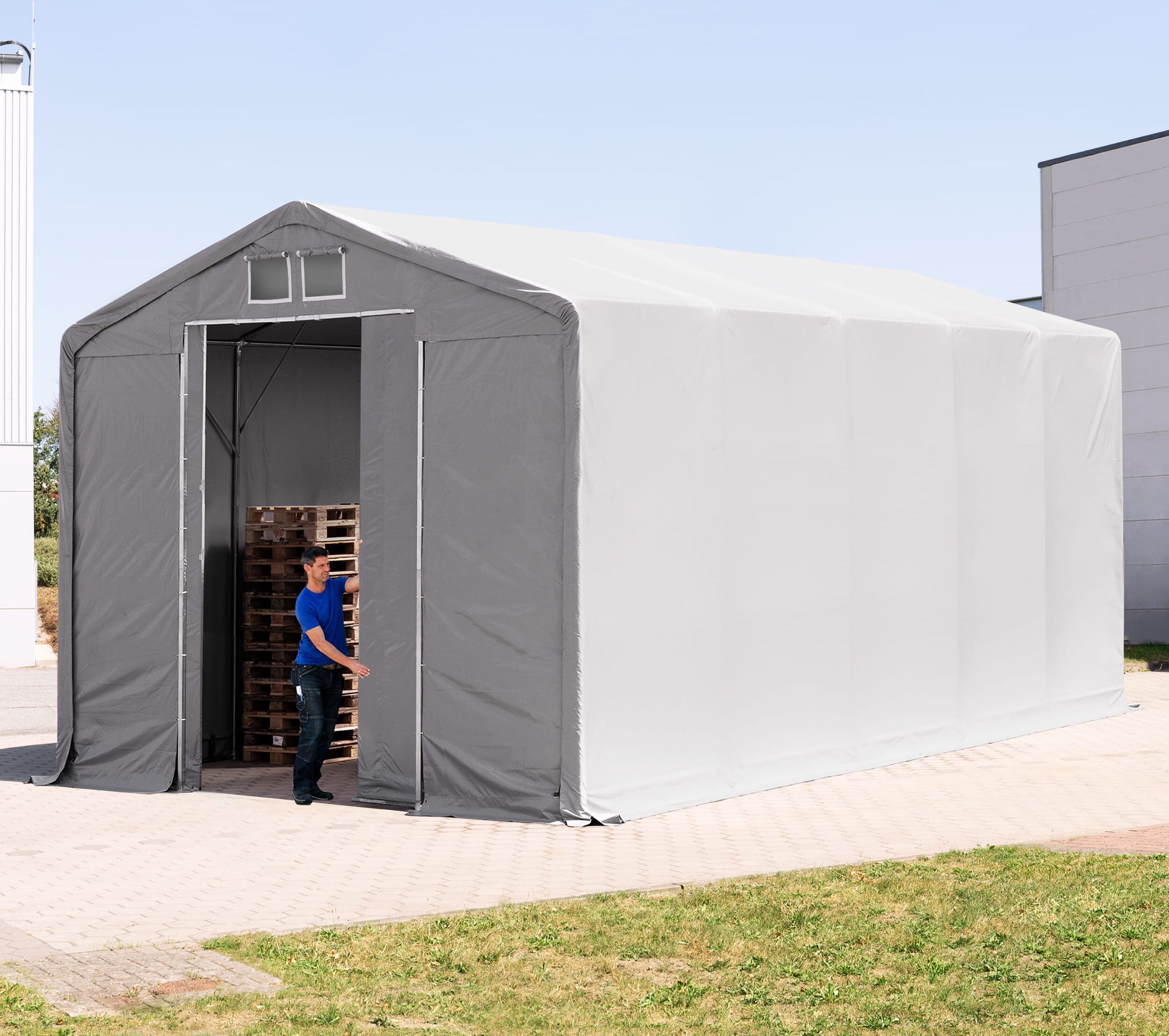 TOOLPORT 5x10m - 3.6m Sides PVC Industrial Tent with sliding door, PVC 850, grey without statics package - (79889)