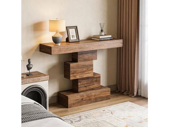 Table console d'entrée 108 x 30 x 80 cm à base géométrique aspect bois marron foncé