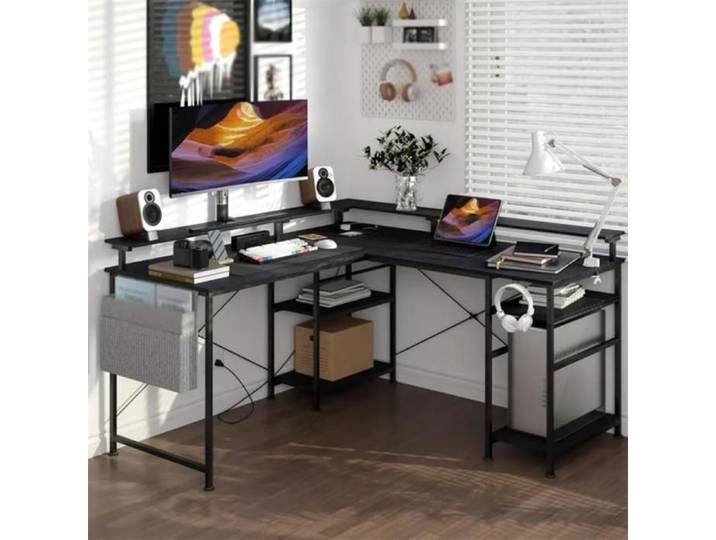 Bureau en L bande lumineuse RGB étagère de rangement ports de recharge adapté au travail de bureau et aux jeux vidéo noir