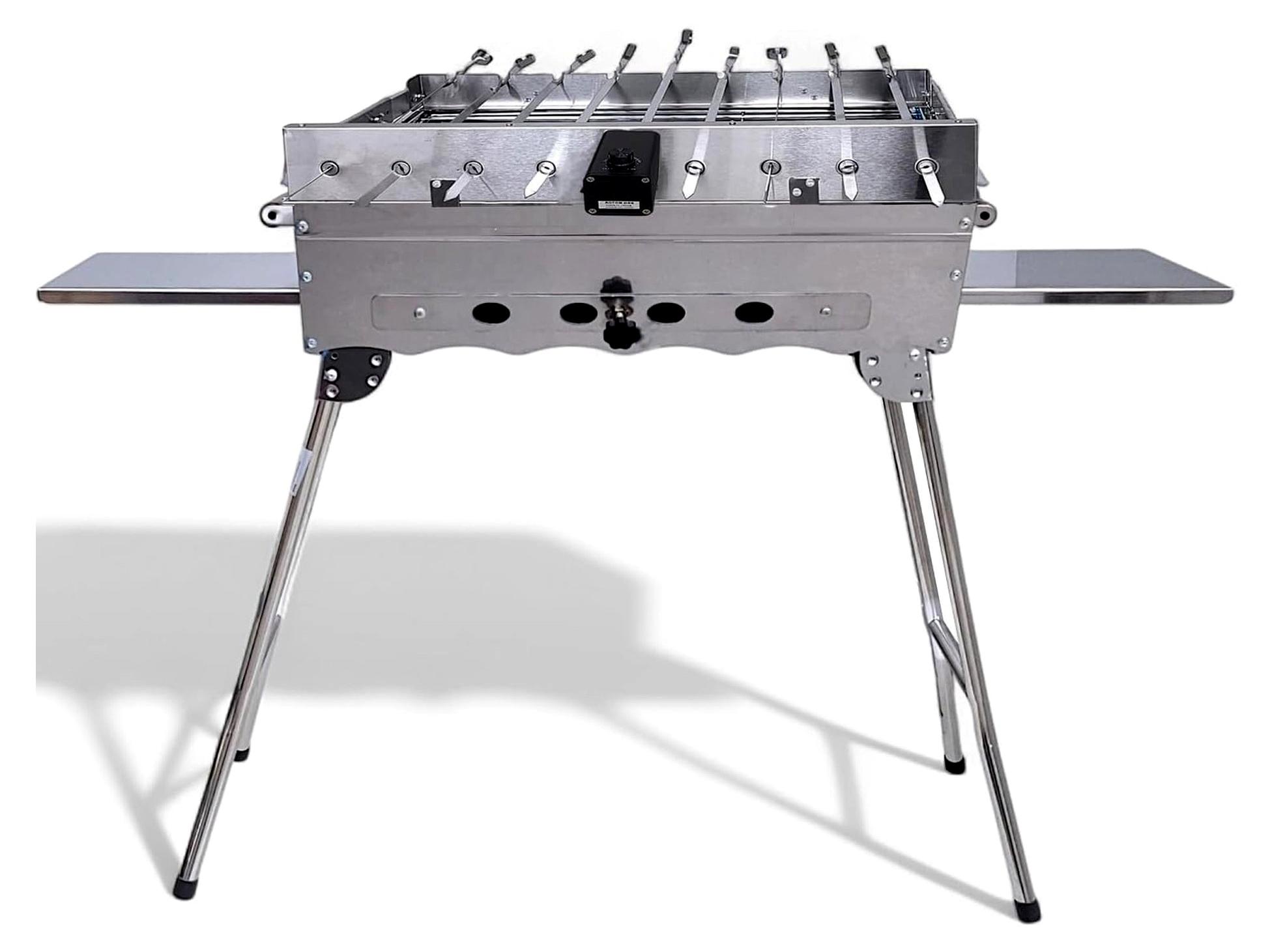 Edelstahl Schaschlik Grill mit 9er Drehspieß und Edelstahlmotor, 10 Spieße