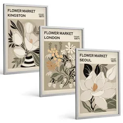 BILDER SET 3er Set - 40x60 cm Silberner Rahmen - Retro-Blumen aus Städten rund um die Welt