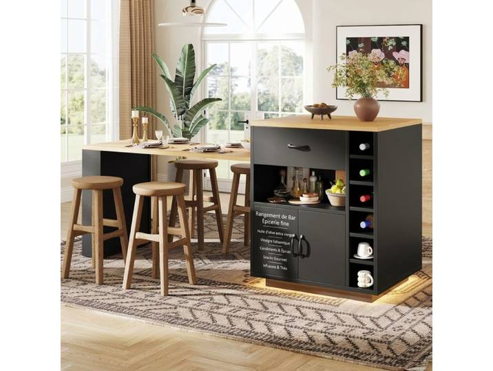 Norevia Îlot de Cuisine Noir avec Table Extensible et Desserte Fixe 80x70x95 5 cm