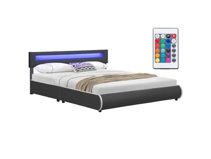 Juskys Polsterbett Sevilla 180x200 Grau, LED Beleuchtung 16 Farben per Fernbedienung, Doppelbett mit Lattenrost, hohes Kopfteil aus Kunstleder, ohne Matratze