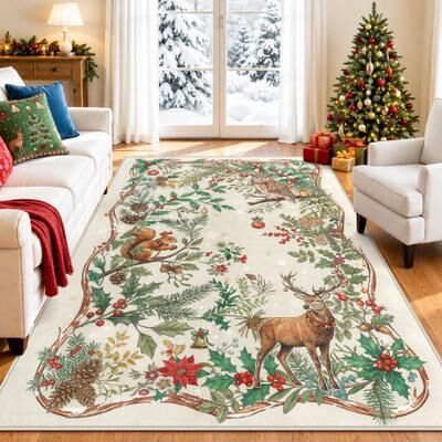 BLUEBELL Washable Christmas Woodland Animal Area Rug & Runner, Non-Slip Low-Pile Holiday Floor Mat