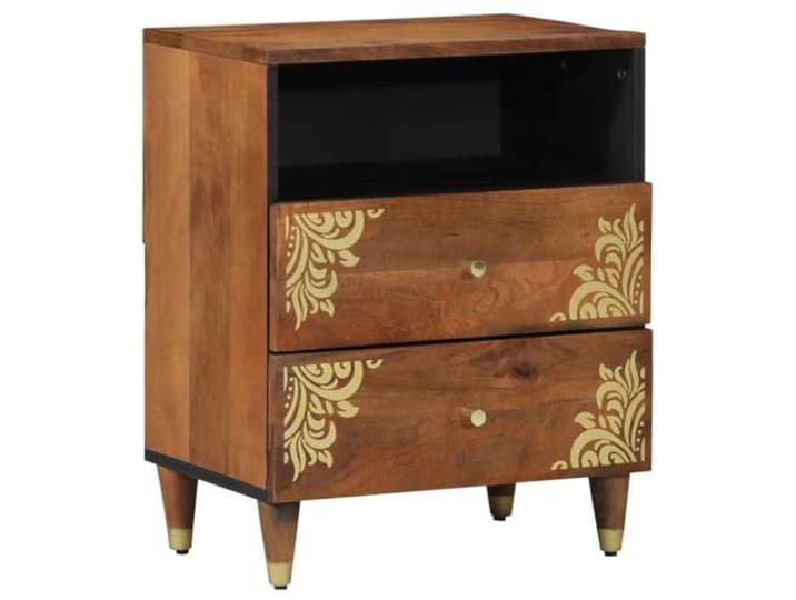 KDVXBCQJH Nachttisch Honigbraun 50x33x62 cm Mangoholz Massiv Beistelltisch Handbemalte Schrankfront trifft elegantes Design für Schlafzimmer, inklusive offenem Regalfach und edlen Messingknöpfen.