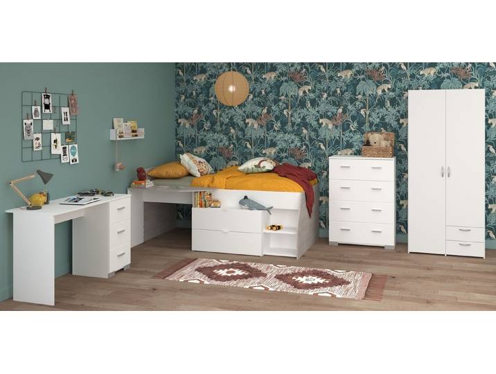 Parisot Jugendzimmer-Set Parisot Milky 11, 4-teilig, Bett, Kleiderschrank, Kommode, Schreibtisch, in Weiss / Grey
