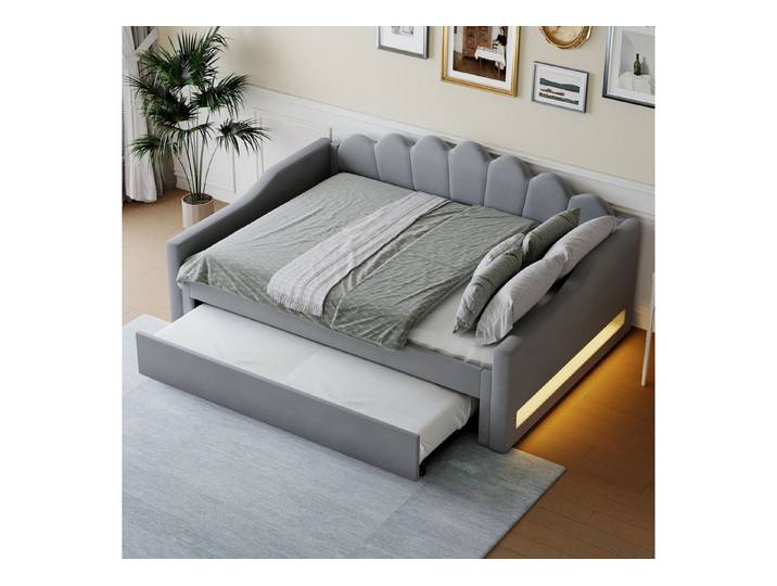 Odikalo Schlafsofa Schlafcouch 140x200 Ausziehbett, Gepolstertes 140 x 200 cm Tagesbett mit LED-Gürtel und Ausziehbett, Grau