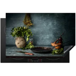 HERDABDECKPLATTE Kräuter - Gewürze - Pfanne - Messer - Grau - Rustikal Abdeckung Glaskeramikkochfeld 81.2x52 cm