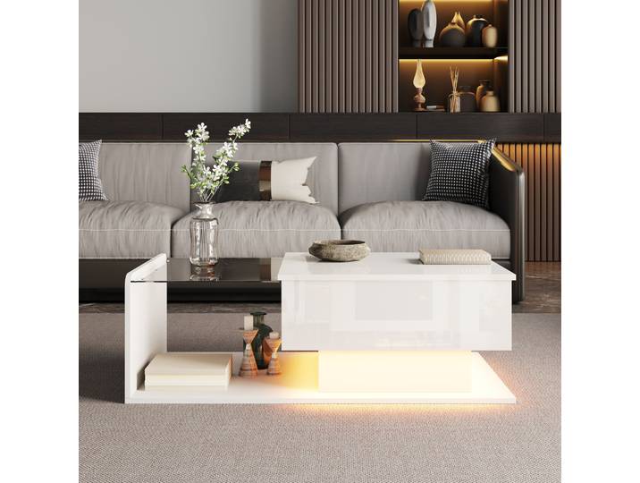 Table Basse Relevable Avec Plateau En Verre Trempé\, Led\, Rangement\, Blanc Brillant Havrya
