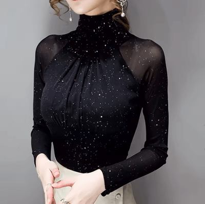 Inspire Picks Korean Style High Neck Mesh Top For Women Elegant Sheer Long Sleeve Blouse black l