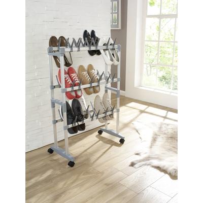 Schuhregal RUCO, silber (aluminiumfarben, silber), B:66cm H:100cm T:27cm, Aluminium, Kunststoff, Regale, Schuhregal, Aluminium/Kunststoff, für bis zu 36 Paar Schuhe