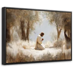 LEINWAND Bilder mit Rahmen - Jesus - Kniend - Waldlandschaft - Betend - 30x20
