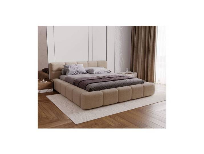 Cadre de lit avec coffre BELLO en tissu bouclette - Beige - Dimensions du couchage : 140 x 200 cm