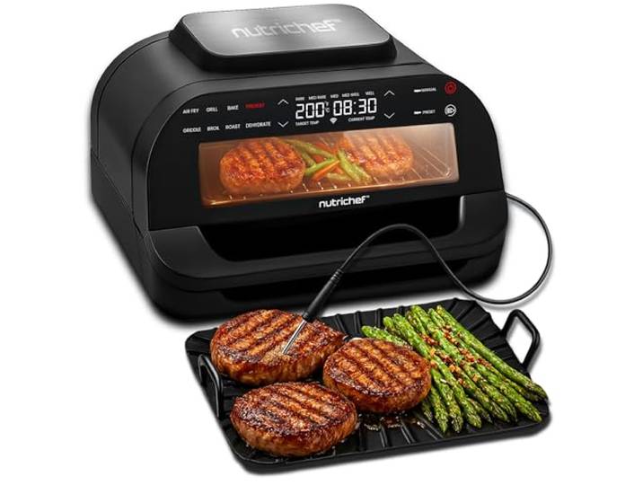 Nutrichef Gril Intérieur Sans Fumée – Friteuse à Air 6L avec Thermomètre Intelligent\, 7 Fonctions de Cuisson\, Contrôle Précis de la Température\, Cuisson Saine et Polyvalente