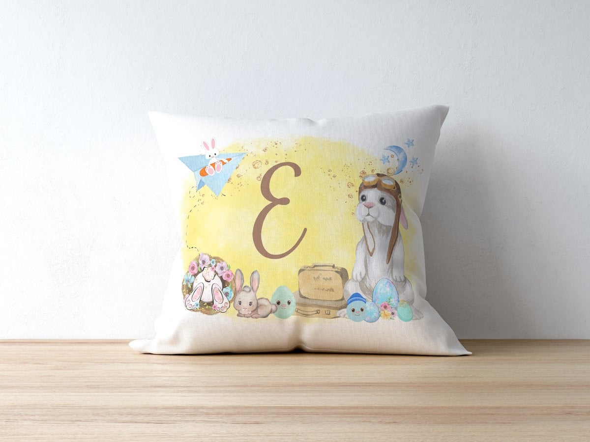 Monogram E Paashaas Sierkussen - Gepersonaliseerd Konijn Kussen voor de Kinderkamer