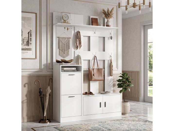 Meuble d'entrée 120x30x180cm Gain de place avec miroir & rangement Design soigné vestiaire meuble à chaussures Blanc