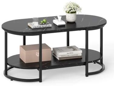 Costway Marble Coffee Table with Open Storage Shelf-Black