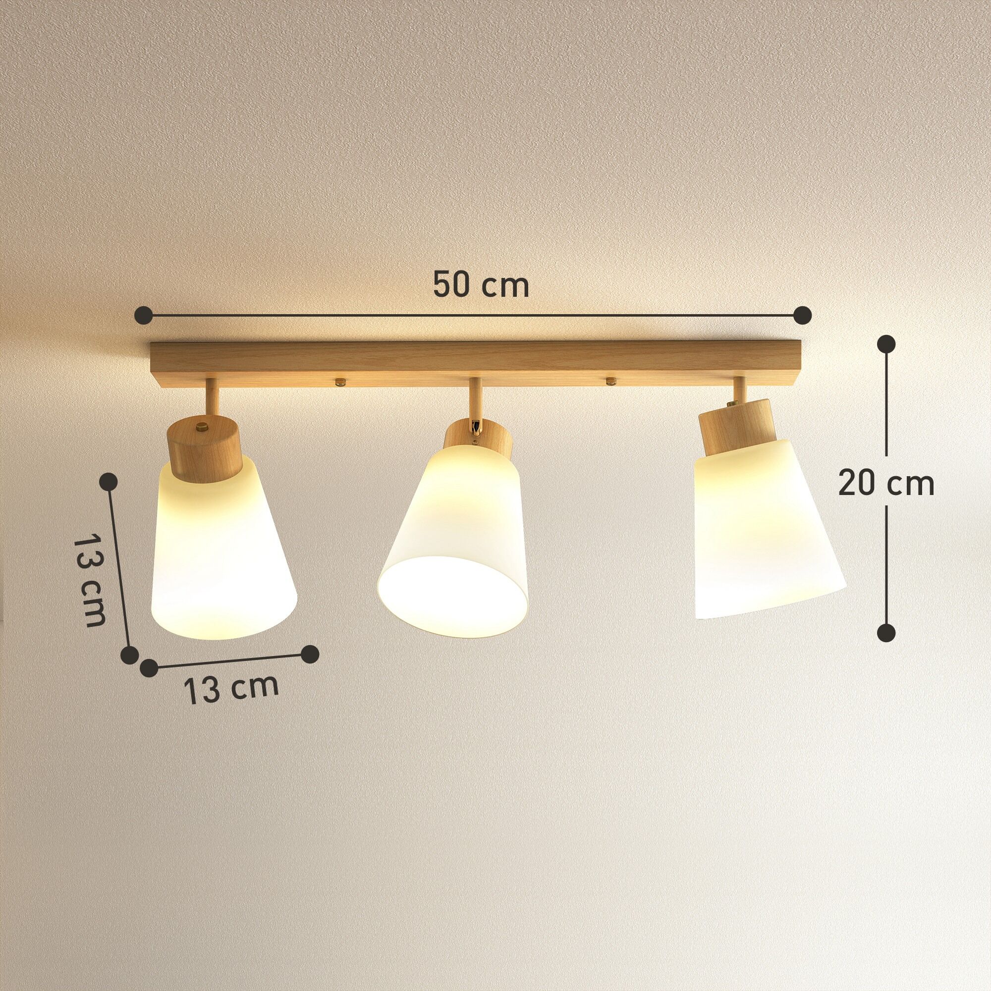 Altro Lampadario Da Soffitto Con 3 Punti Luce Regolabili A 90° E Attacchi E27, Colore Legno