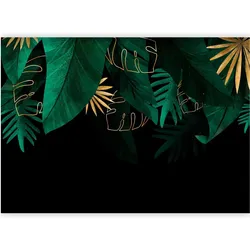 Artgeist, Tapete, Fototapete - Jungle and composition - motif of green and golden leaves on a black background (250 x 175 cm)