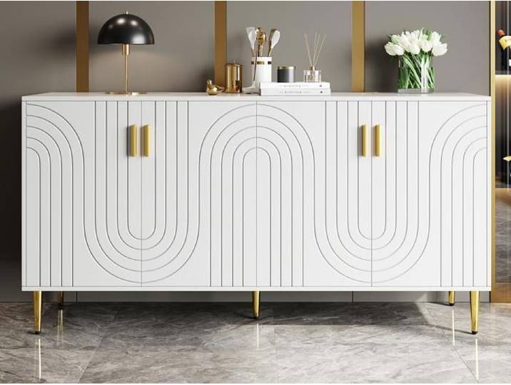 MODERNLUXE Buffet bas moderne - 4 portes à motif ondulé - en MDF - Blanc