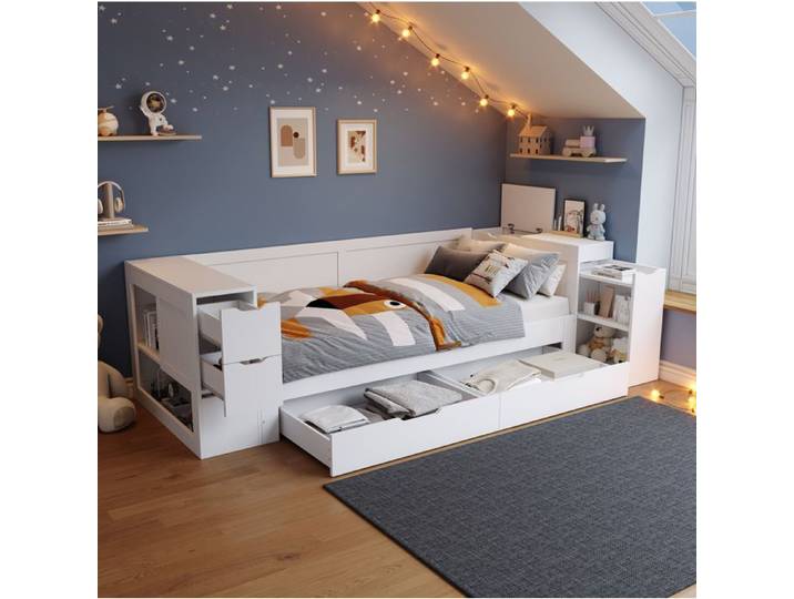 Lit enfant 90 x 190 cm SENVIRO multifonction avec rangement Blanc