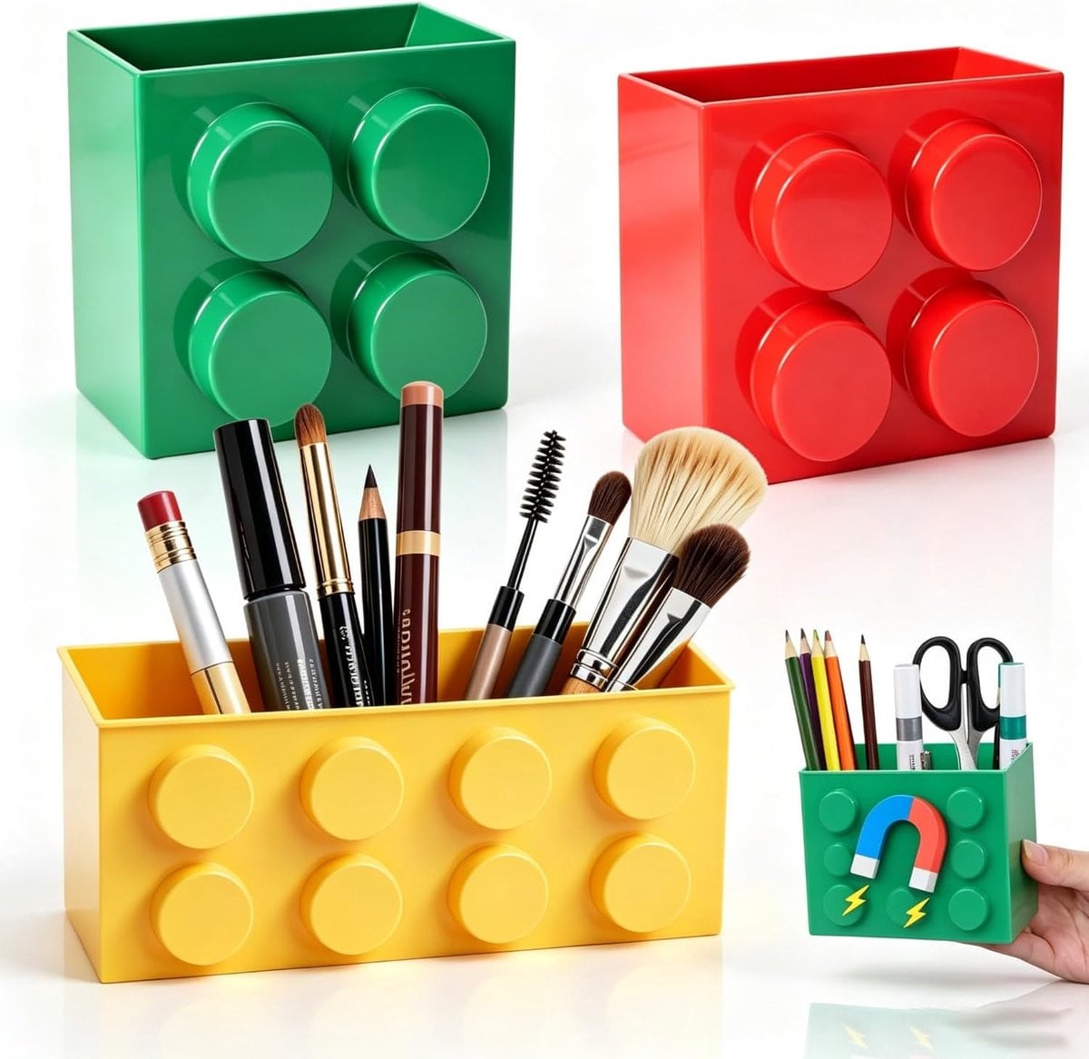 Set van 3 meerkleurige magnetische penhouders in baksteenvorm