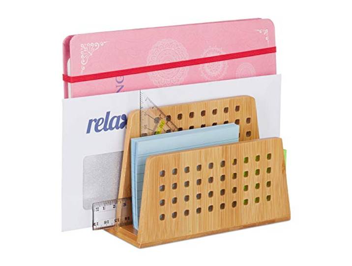Relaxdays Porte-documents en bambou avec 2 compartiments perforés et un porte-lettres Format A5 Naturel