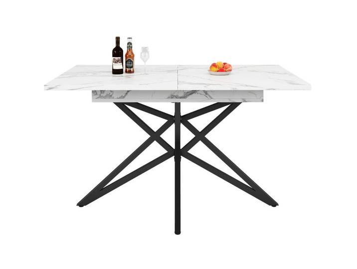 Redom Esstisch, MDF mit Marmoroptik & Metallgestell, ausziehbar 120-160/80/66,1 cm, Weiß, 80x66.1x120 cm, Esszimmer, Esstische