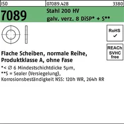 Unterlegscheibe ISO 7089 o.Fase 30 Stahl 200 HV galv.verz. 8 DiSP+S 100 Stück