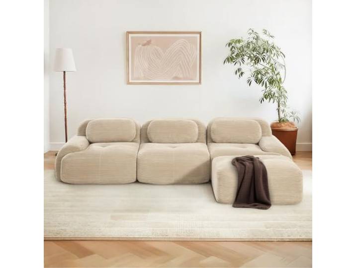 SoarFlash Modernes modulares Sofa, Kordtstoff-Oberfläche, Tiefe Sitzfläche + breite Armlehnen, werkfertig, 3-Sitzer Ecksofa, Beige