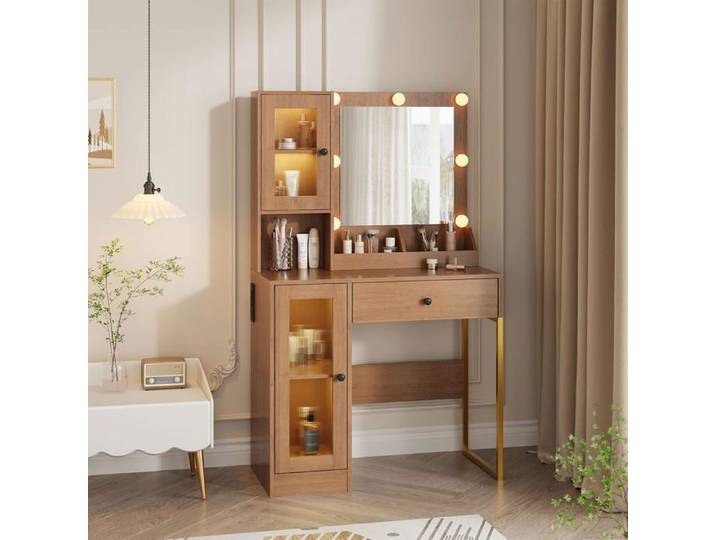 Coiffeuse avec Miroir LED Dimmer – 3 Températures de Lumière Prise et Port USB Grand Rangement Design Bois Naturel 85x40x140cm