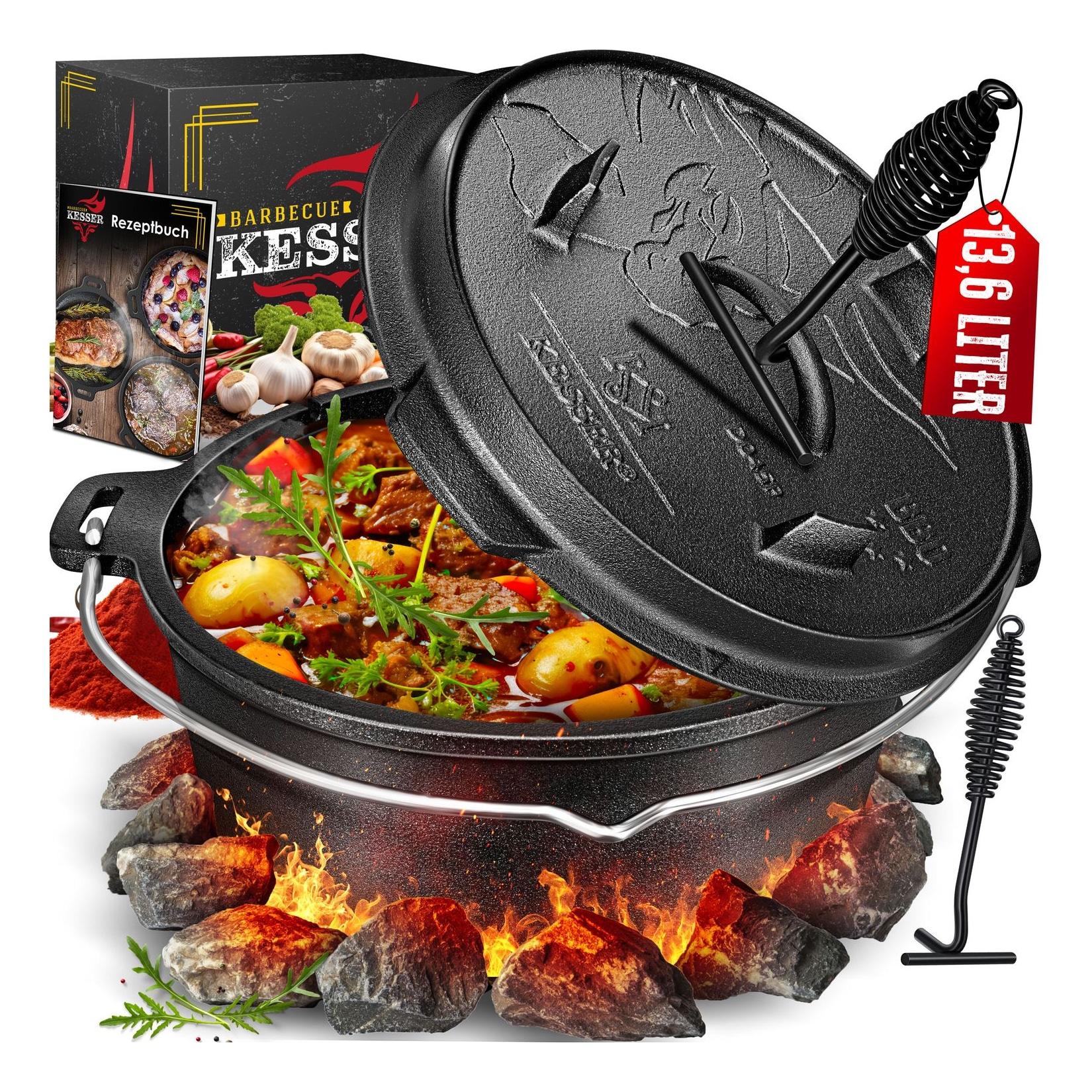 KESSER® Dutch Oven Set BBQ Feuertopf Schmortopf, Gusseisen Topf mit Deckelheber Henkel und Schlitz für Themormeter, kochkessel Grilltopf Gulaschkessel für Oudoor & Indoor