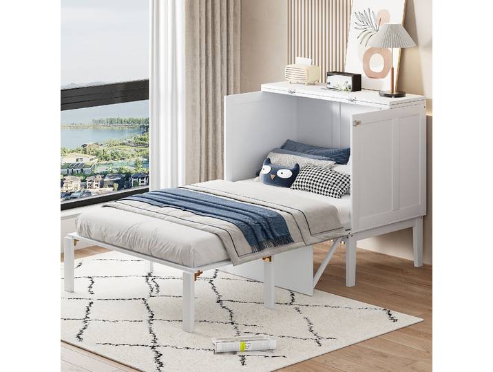Flieks Lit fonctionnel lit armoire 90x200cm avec sommier à lattes\, pliable lit simple lit de jeune lit mural pliable avec sommier à lattes\, lit en bois blanc