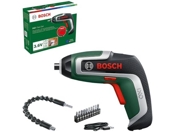Bosch Kompakter Akku-Schrauber IXO, Flexi-Set (für flexibles Schrauben; 7. Generation; 3,6 V; 2,0 Ah; mit flexibler Erweiterung und Micro-USB-Kabel; Biegung bis 180°; 10 x Bit)