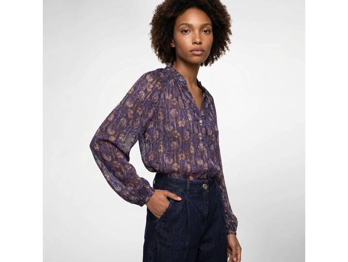 Chemisier col volanté en voile, imprimé floral bohème - Blancheporte