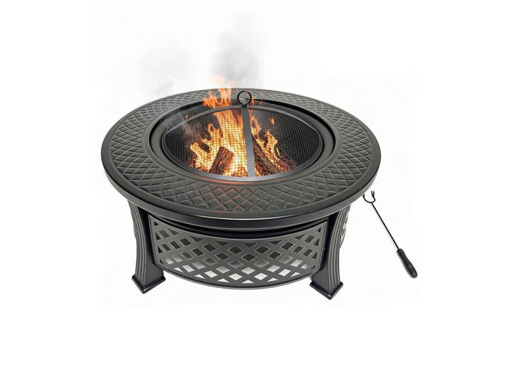 Relaxdays Feuerschale Schwarz Stahl Grillrost 81 cm, Metall, 81x50x81 cm, Gartenmöbel, Balkonmöbel