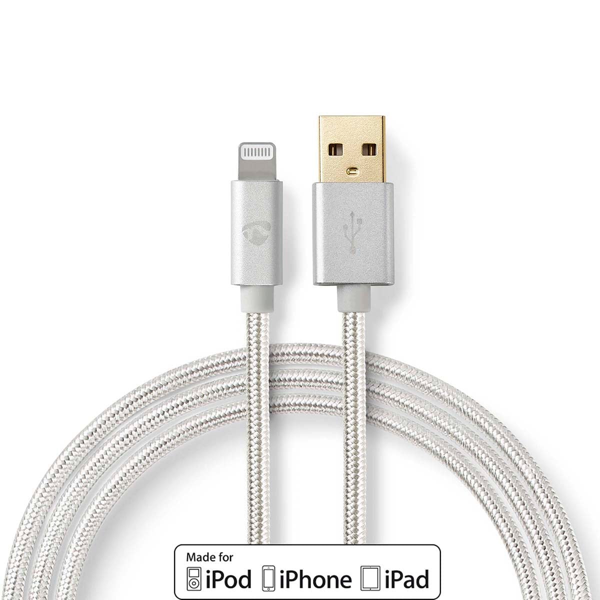Nedis USB-A naar Lightning oplaadkabel, Aluminium, 3 meter